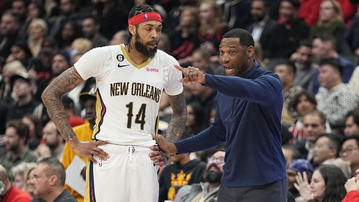 Feb 23, 2023; Toronto, Ontario, CAN; New Orleans Pelicans head coach Willie Green talks to forward Brandon Ingram (14) during a break in the action the Toronto Raptors  in the second half at Scotiabank Arena.