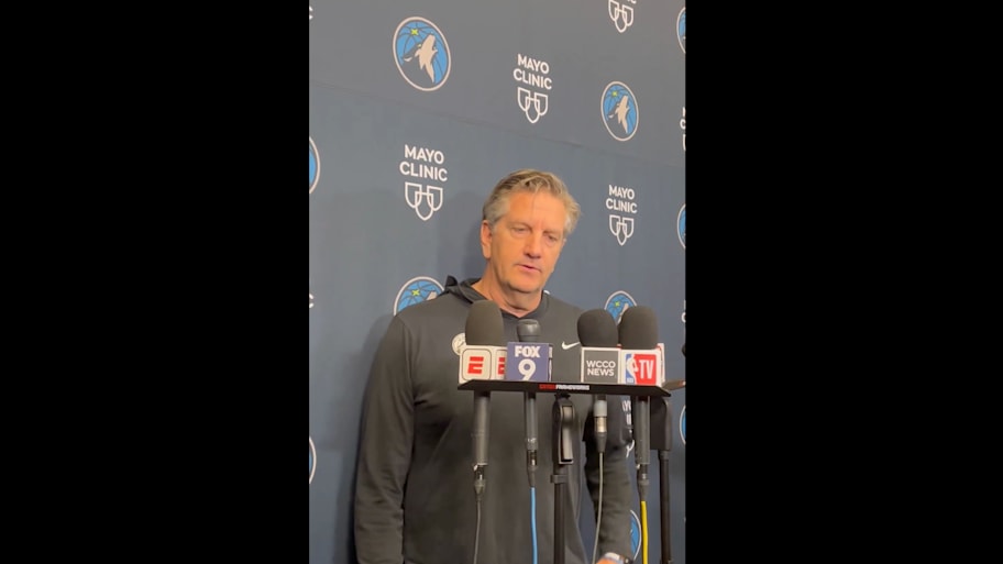 Minnesota Timberwolves' Chris Finch speaks to reporters on May 25, 2025. | Andrew Dukowitz / X / Screensho