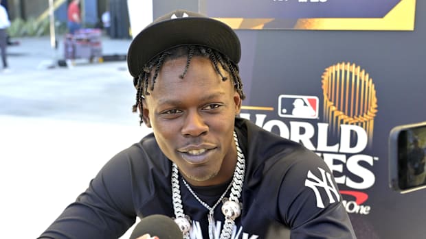 New York Yankees third baseman Jazz Chisholm Jr. answers questions at 2024 World Series media day