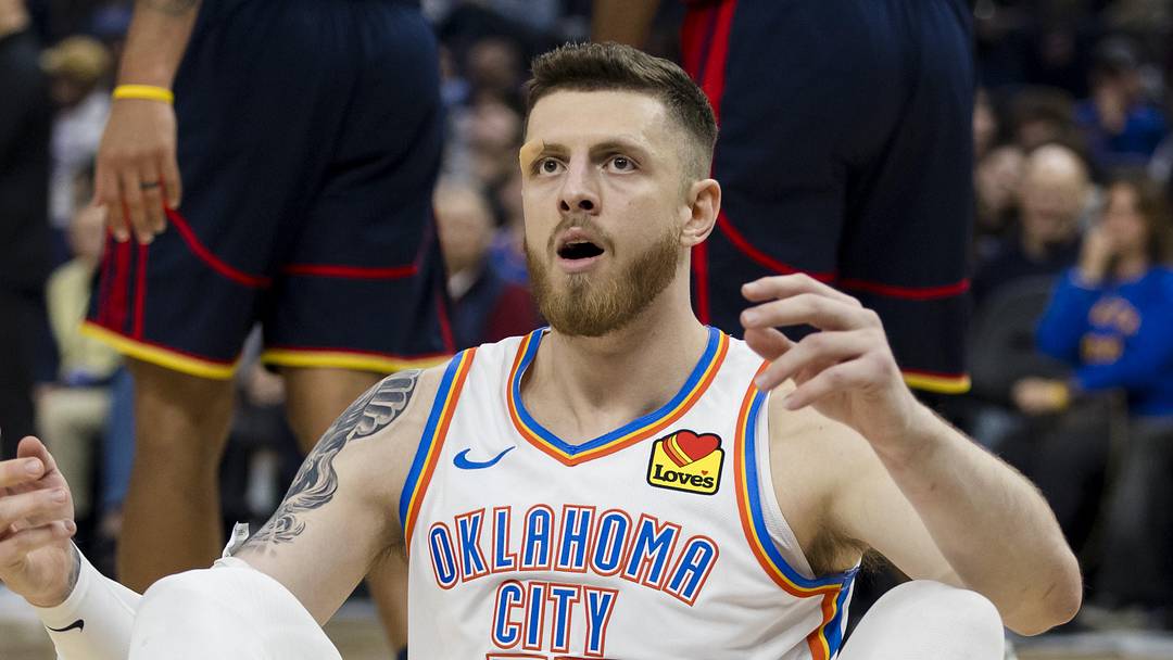 Nov 27, 2024; San Francisco, California, USA; Oklahoma City Thunder center Isaiah Hartenstein (55) reacts during the first half of the game against the Golden State Warriors at Chase Center. Mandatory Credit: John Hefti-Imagn Images