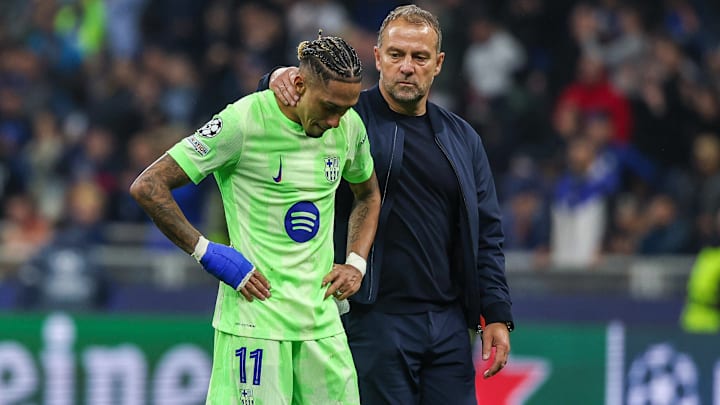 Raphinha (left) found the back of the net in the 87th minute, but it was not enough to get Barcelona past Inter Milan. Raphinha (left) found the back of the net in the 87th minute, but it was not enough to get Barcelona past Inter Milan.
