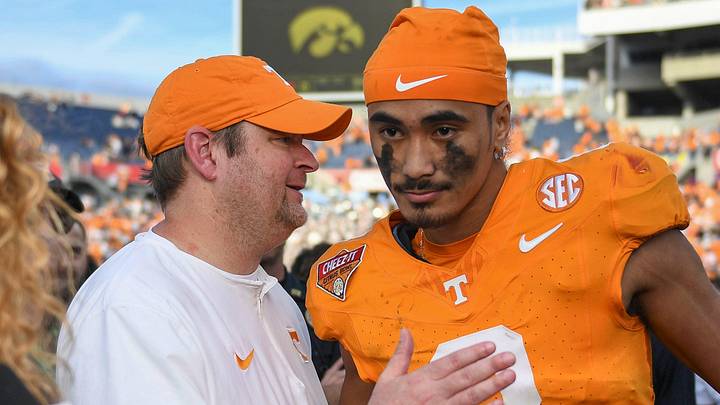 Tennessee head coach Josh Heupel turns to quarterback Nico Iamaleava (8) after their post game interview after winning the Citrus Bowl NCAA College football game on Monday, January 1, 2024 in Orlando, Fla. against Iowa.