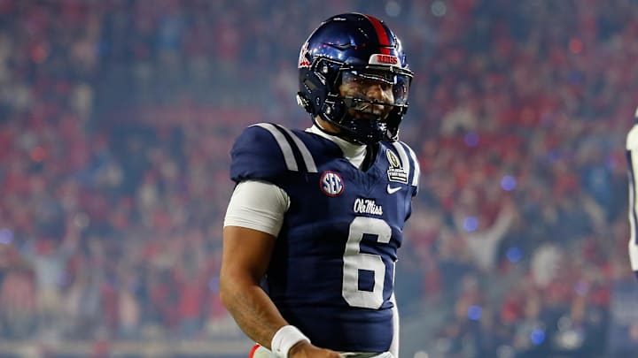 Dec 20, 2025; Oxford, MS, USA; Mississippi Rebels quarterback Trinidad Chambliss (6) reacts during the fourth quarter against the Tulane Green Wave at Vaught-Hemingway Stadium. Mandatory Credit: Petre Thomas-Imagn Images