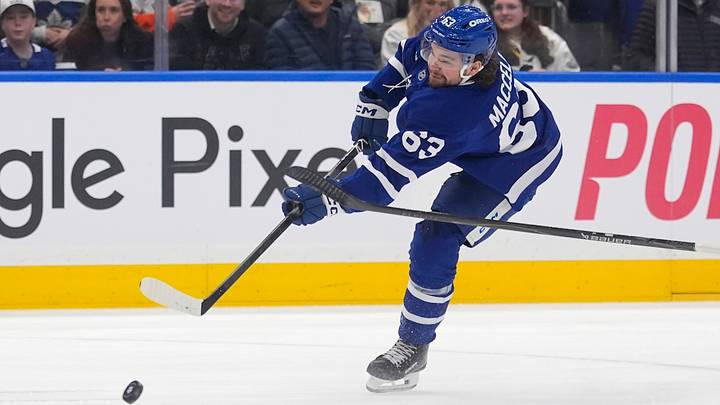 Mar 12, 2026; Toronto, Ontario, CAN; Toronto Maple Leafs forward Matias Maccelli (63) scors against the Anaheim Ducks with this shot during the first period at Scotiabank Arena. Mar 12, 2026; Toronto, Ontario, CAN; Toronto Maple Leafs forward Matias Maccelli (63) scors against the Anaheim Ducks with this shot during the first period at Scotiabank Arena.