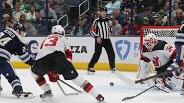 New Jersey Devils goalie Jake Allen (34). Mandatory Credit: Russell LaBounty-Imagn Images