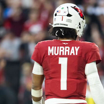 Jan 5, 2025; Glendale, Arizona, USA; Detailed view of the jersey of Arizona Cardinals quarterback Kyler Murray (1) against the San Francisco 49ers at State Farm Stadium. Mandatory Credit: Mark J. Rebilas-Imagn Images