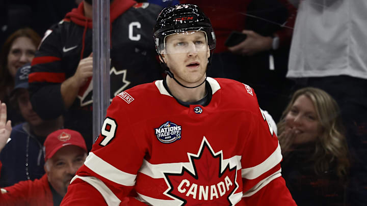 Feb 20, 2025; Boston, MA, USA; [Imagn Images direct customers only] Team Canada forward Nathan MacKinnon (29) during the 4 Nations Face-Off ice hockey championship game against the United States at TD Garden. Mandatory Credit: Winslow Townson-Imagn Images