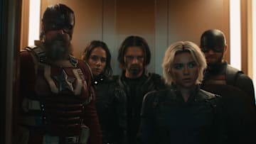 (L-R): Alexei Shostakov/Red Guardian (David Harbour), Ghost (Hannah John-Kamen), Bucky Barnes (Sebastian Stan), Yelena Belova (Florence Pugh), and John Walker (Wyatt Russell) in Marvel Studios' THUNDERBOLTS*. Photo courtesy of Marvel Studios. © 2024 MARVEL.