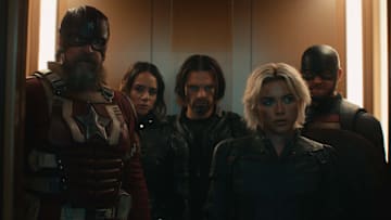 (L-R): Alexei Shostakov/Red Guardian (David Harbour), Ghost (Hannah John-Kamen), Bucky Barnes (Sebastian Stan), Yelena Belova (Florence Pugh), and John Walker (Wyatt Russell) in Marvel Studios' THUNDERBOLTS*. Photo courtesy of Marvel Studios. © 2024 MARVEL.