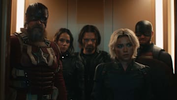 (L-R): Alexei Shostakov/Red Guardian (David Harbour), Ghost (Hannah John-Kamen), Bucky Barnes (Sebastian Stan), Yelena Belova (Florence Pugh), and John Walker (Wyatt Russell) in Marvel Studios' THUNDERBOLTS*. Photo courtesy of Marvel Studios. © 2024 MARVEL.