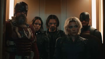 (L-R): Alexei Shostakov/Red Guardian (David Harbour), Ghost (Hannah John-Kamen), Bucky Barnes (Sebastian Stan), Yelena Belova (Florence Pugh), and John Walker (Wyatt Russell) in Marvel Studios' THUNDERBOLTS*. Photo courtesy of Marvel Studios. © 2024 MARVEL.