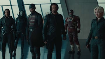 (L-R): Ghost (Hannah John-Kamen), Taskmaster (Olga Kurylenko), John Walker (Wyatt Russell), Bucky Barnes (Sebastian Stan), Alexei Shostakov/Red Guardian (David Harbour), and Yelena Belova (Florence Pugh) in Marvel Studios' THUNDERBOLTS*. Photo courtesy of Marvel Studios. © 2024 MARVEL.