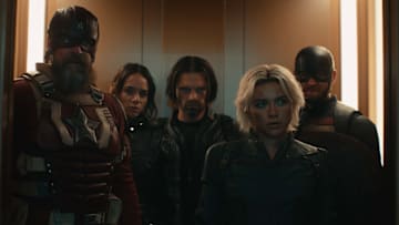 (L-R): Alexei Shostakov/Red Guardian (David Harbour), Ghost (Hannah John-Kamen), Bucky Barnes (Sebastian Stan), Yelena Belova (Florence Pugh), and John Walker (Wyatt Russell) in Marvel Studios' THUNDERBOLTS*. 