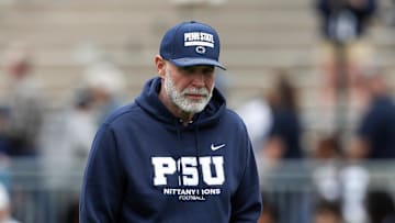 Apr 26, 2025; University Park, PA, USA; Penn State Nittany Lions defensive coordinator Jim Knowles walks on the field prior to the Blue White spring game at Beaver Stadium. Mandatory Credit: Matthew O'Haren-Imagn Images