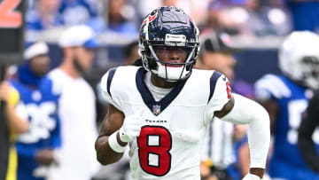 Sep 17, 2023; Houston, Texas, USA; Houston Texans wide receiver John Metchie III (8) in action during the fourth quarter against the Indianapolis Colts at NRG Stadium. Mandatory Credit: Maria Lysaker-USA TODAY Sports