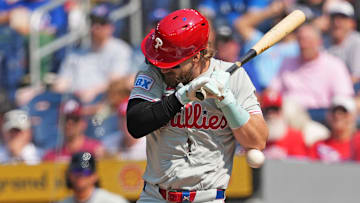 Philadelphia Phillies first baseman Bryce Harper left Wednesday's game after getting hit by a pitch.