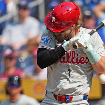 Sep 4, 2024; Toronto, Ontario, CAN; Philadelphia Phillies first baseman Bryce Harper (3) gets hit with a pitch against the Toronto Blue Jays during the first inning at Rogers Centre