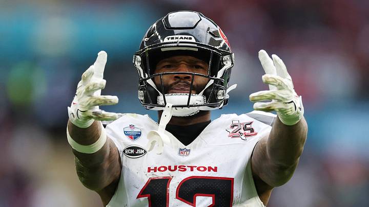Houston Texans wide receiver Nico Collins (12) pregame versus the Jacksonville Jaguars at Wembley Stadium.