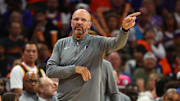 Oct 26, 2024; Phoenix, Arizona, USA; Dallas Mavericks head coach Jason Kidd against the Phoenix Suns at Footprint Center. Mandatory Credit: Mark J. Rebilas-Imagn Images