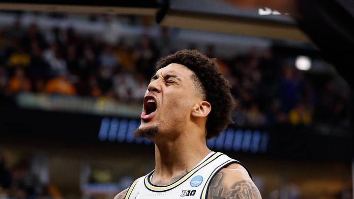 Michigan Wolverines forward Yaxel Lendeborg (23) reacts in the second half against the Tennessee Volunteers during an Elite Eight game of the Midwest Regional of the men's 2026 NCAA Tournament at United Center on March 29, 2026.