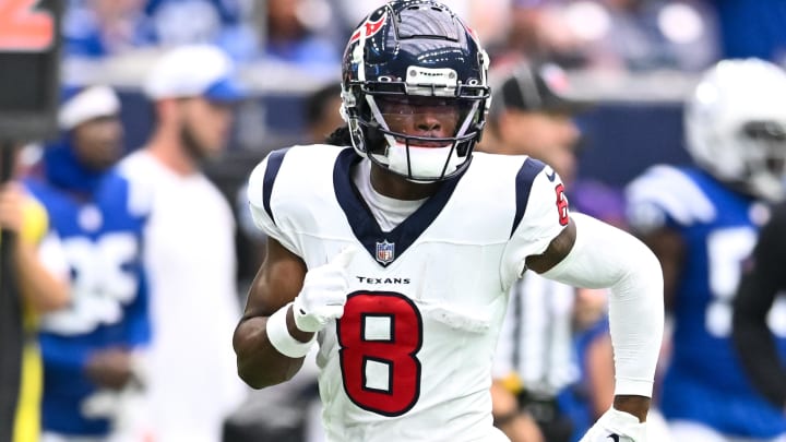 Sep 17, 2023; Houston, Texas, USA; Houston Texans wide receiver John Metchie III (8) in action during the fourth quarter against the Indianapolis Colts at NRG Stadium. Mandatory Credit: Maria Lysaker-USA TODAY Sports