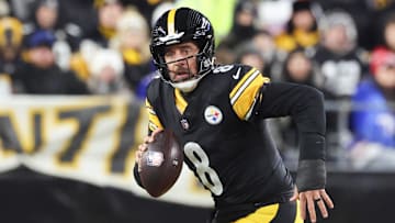 Nov 30, 2025; Pittsburgh, Pennsylvania, USA; Pittsburgh Steelers quarterback Aaron Rodgers (8) looks to pass during the second quarter against the Buffalo Bills at Acrisure Stadium. Mandatory Credit: Charles LeClaire-Imagn Images