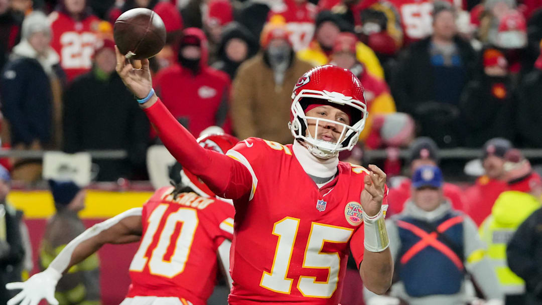 Dec 7, 2025; Kansas City, Missouri, USA; Kansas City Chiefs quarterback Patrick Mahomes (15) throws a pass during the first quarter against the Houston Texans at GEHA Field at Arrowhead Stadium. Mandatory Credit: Denny Medley-Imagn Images