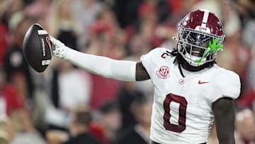 Sep 27, 2025; Athens, Georgia, USA;  Alabama Crimson Tide linebacker Deontae Lawson (0)  reacts after a fumble recovery against the Georgia Bulldogs in the first half at Sanford Stadium. Mandatory Credit: Dale Zanine-Imagn Images