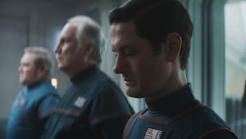 (L-R): Sergeant Mosk (Alex Ferns), Chief Inspector Hyne (Rupert Vansittart) and Syril Karn (Kyle Soller) in Lucasfilm's ANDOR, exclusively on Disney+. ©2022 Lucasfilm Ltd. & TM. All Rights Reserved.