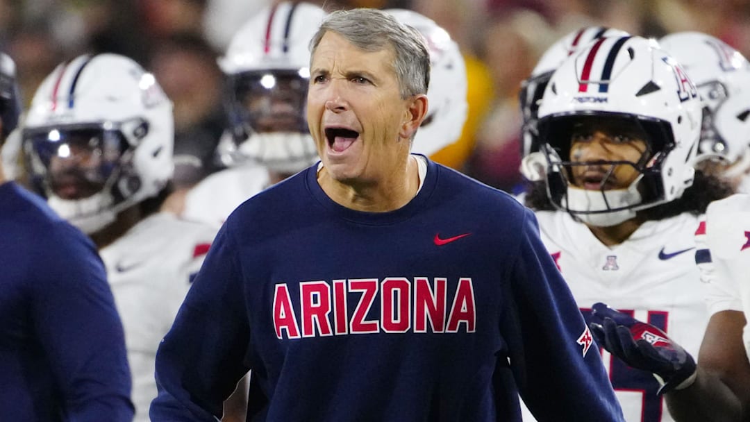 Arizona head coach Brent Brennan celebrates during a game against Arizona State at Mountain America Stadium in Tempe on Nov. 28, 2025.