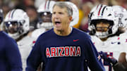 Arizona head coach Brent Brennan celebrates during a game against Arizona State at Mountain America Stadium in Tempe on Nov. 28, 2025.