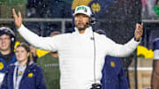 Oct 18, 2025; South Bend, Indiana, USA;  Notre Dame Fighting Irish head coach Marcus Freeman reacts to the play against the Southern California Trojans during the second half at Notre Dame Stadium. 