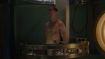 Alexander Skarsgård in "Murderbot," premiering May 16, 2025 on Apple TV+.