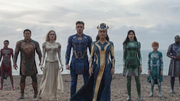 (L-R): Kingo (Kumail Nanjiani), Makkari (Lauren Ridloff), Gilgamesh (Don Lee), Thena (Angelina Jolie), Ikaris (Richard Madden), Ajak (Salma Hayek), Sersi (Gemma Chan), Sprite (Lia McHugh), Phastos (Brian Tyree Henry) and Druig (Barry Keoghan) in Marvel Studios' ETERNALS. Photo courtesy of Marvel Studios. ©Marvel Studios 2021. All Rights Reserved.