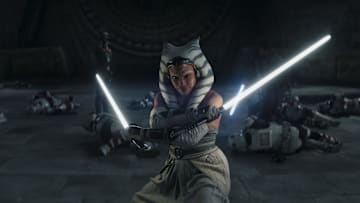 (L-R): Sabine Wren (Natasha Liu Bordizzo), Ahsoka Tano (Rosario Dawson) and Ezra Bridger (Eman Esfandi) with Night Troopers in Lucasfilm's STAR WARS: AHSOKA, exclusively on Disney+. ©2023 Lucasfilm Ltd. & TM. All Rights Reserved