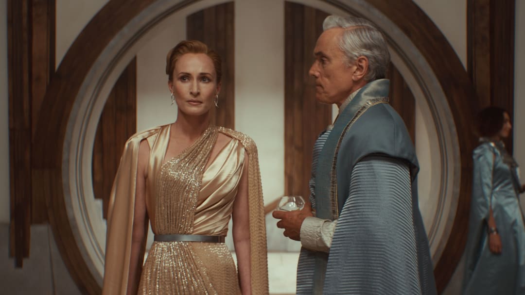 (L-R) Mon Mothma (Genevieve O'Reilly) and Tay Kolma (Ben Miles) in Lucasfilm's Star Wars ANDOR Season 2, exclusively on Disney+. Photo courtesy of Lucasfilm. ©2025 Lucasfilm Ltd. & TM. All Rights Reserved.