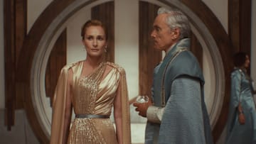 (L-R) Mon Mothma (Genevieve O'Reilly) and Tay Kolma (Ben Miles) in Lucasfilm's Star Wars ANDOR Season 2, exclusively on Disney+. Photo courtesy of Lucasfilm. ©2025 Lucasfilm Ltd. & TM. All Rights Reserved.
