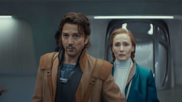 (L-R) Cassian Andor (Diego Luna) and Mon Mothma (Genevieve O'Reilly) in Lucasfilm's Star Wars ANDOR Season 2, exclusively on Disney+. Photo courtesy of Lucasfilm. ©2025 Lucasfilm Ltd. & TM. All Rights Reserved.
