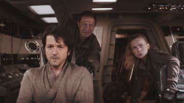 (L-R): Cassian Andor (Diego Luna), Arvel Skeen (Ebon Moss-Bachrach), Karis Nemik (Alex Lawther, seated) and Vel Sartha (Faye Marsay) in Lucasfilm's ANDOR, exclusively on Disney+. ©2022 Lucasfilm Ltd. & TM. All Rights Reserved.