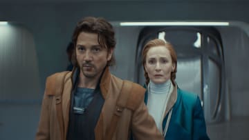 (L-R) Cassian Andor (Diego Luna) and Mon Mothma (Genevieve O'Reilly) in Lucasfilm's Star Wars ANDOR Season 2, exclusively on Disney+. Photo courtesy of Lucasfilm. ©2025 Lucasfilm Ltd. & TM. All Rights Reserved.