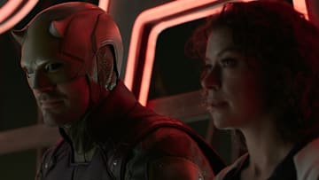 (L-R): Charlie Cox as Daredevil/Matt Murdock and Tatiana Maslany as She-Hulk/Jennifer "Jen" Walters in Marvel Studios' She-Hulk: Attorney at Law, exclusively on Disney+. Photo courtesy of Marvel Studios. © 2022 MARVEL.