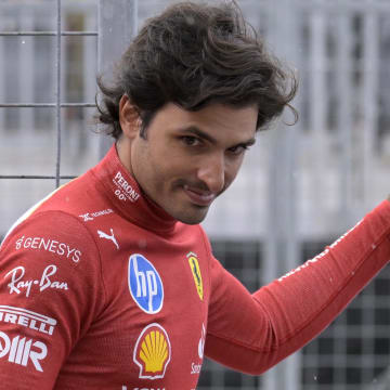 Jun 7, 2024; Montreal, Quebec, CAN; Ferrari driver driver Carlos Sainz (ESP) in the pit lane during the practice session at Circuit Gilles Villeneuve. Mandatory Credit: Eric Bolte-USA TODAY Sports