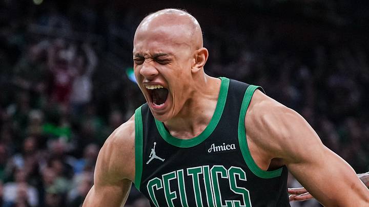 Apr 28, 2026; Boston, Massachusetts, USA; Boston Celtics guard Jordan Walsh (27) reacts after his basket against the Philadelphia 76ers in the second half during game five of the first round of the 2026 NBA Playoffs at TD Garden. Mandatory Credit: David Butler II-Imagn Images