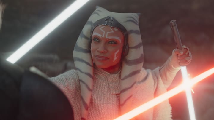 (L-R): Baylan Skoll (Ray Stevenson) and Ahsoka Tano (Rosario Dawson) in Lucasfilm's STAR WARS: AHSOKA, exclusively on Disney+. ©2023 Lucasfilm Ltd. & TM. All Rights Reserved.