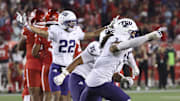 Nov 22, 2025; Houston, Texas, USA; TCU Horned Frogs linebacker Kaleb Elarms-Orr (3) celebrates after a Houston Cougars missed field goal attempt during the fourth quarter at TDECU Stadium. Mandatory Credit: Troy Taormina-Imagn Images