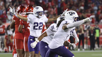Nov 22, 2025; Houston, Texas, USA; TCU Horned Frogs linebacker Kaleb Elarms-Orr (3) celebrates after a Houston Cougars missed field goal attempt during the fourth quarter at TDECU Stadium. Mandatory Credit: Troy Taormina-Imagn Images