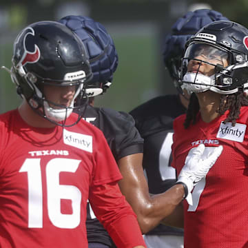 Jul 23, 2025; Houston, TX, USA;  Houston Texans quarterback C.J. Stroud (7) during training camp at Houston Methodist Training Center. Mandatory Credit: Troy Taormina-Imagn Images