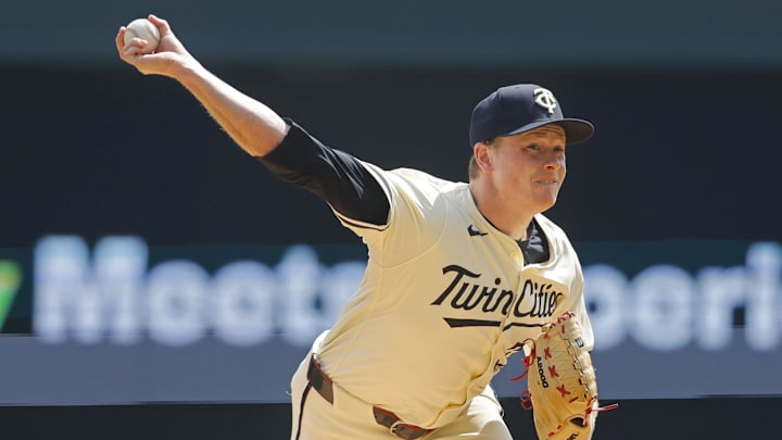 Minnesota Twins starting pitcher Louie Varland (37) throws against the Kansas City Royals in the first inning at Target Field in Minneapolis on Aug. 14, 2024.