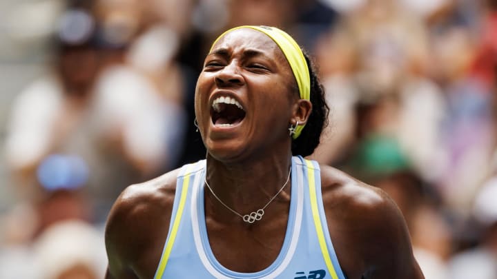 Aug 30, 2024; Flushing, NY, USA; Coco Gauff of the United States reacts against Elina Svitolina of Ukraine on day five of the 2024 U.S. Open tennis tournament at the USTA Billie Jean King National Tennis Center. Mandatory Credit: Mike Frey-USA TODAY Sports