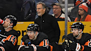 Jan 21, 2024; Philadelphia, Pennsylvania, USA;  Philadelphia Flyers head coach John Tortorella against the Ottawa Senators during the third period at Wells Fargo Center. Mandatory Credit: Eric Hartline-Imagn Images